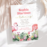 A pretty Retirement party invitation adorned with delightful watercolor flamingos and vibrant tropical flowers. This editable invitation captures the essence of a tropical paradise and sets the tone for a memorable retirement party. By Tangled Tulip Designs.