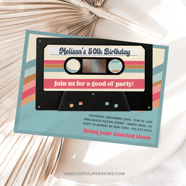 A retro cassette tape 50th Birthday invitation for a woman having a "good ol' party" to celebrate her birthday. Featuring a vintage mixtape. Edit in Corjl. By Tangled Tulip Designs.