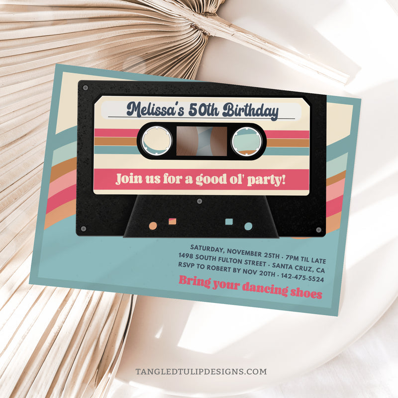 A retro cassette tape 50th Birthday invitation for a woman having a "good ol' party" to celebrate her birthday. Featuring a vintage mixtape. Edit in Corjl. By Tangled Tulip Designs.