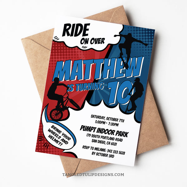 Get ready for an action-packed BMX, Skater & Scooter Birthday Bash! Rev up the fun with our vibrant comic-style invitation, featuring bikers, skateboarders, and scooters. Tangled Tulip Designs - Birthday Invitations