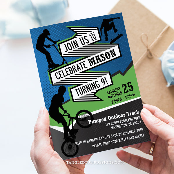 Editable Riding birthday invitation for a BMX biker, skater, scooter party. With boys doing tricks all over the green and blue party invite. Invitation template to edit in Corjl. By Tangled Tulip Designs.