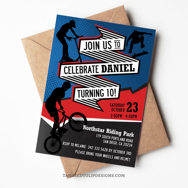 Bike Scooter Skateboard Birthday Invitation BMX Riding Skater Scooting Boy Party Invite Tangled Tulip Designs - Birthday Invitations