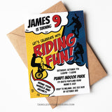 This Riding birthday invitation features a comic style with a biker, skater &amp; scooter riding all over this invite! It's sure to get the excitement going for a fun Riding birthday party. Tangled Tulip Designs - Birthday Invitations