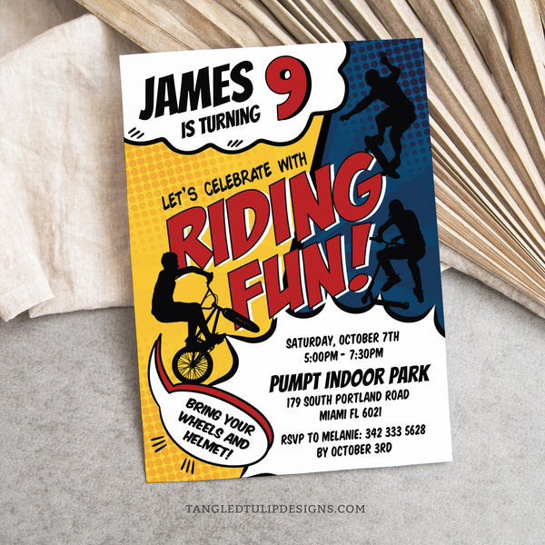 This Riding birthday invitation features a comic style with a biker, skater &amp; scooter riding all over this invite! It's sure to get the excitement going for a fun Riding birthday party. Tangled Tulip Designs - Birthday Invitations