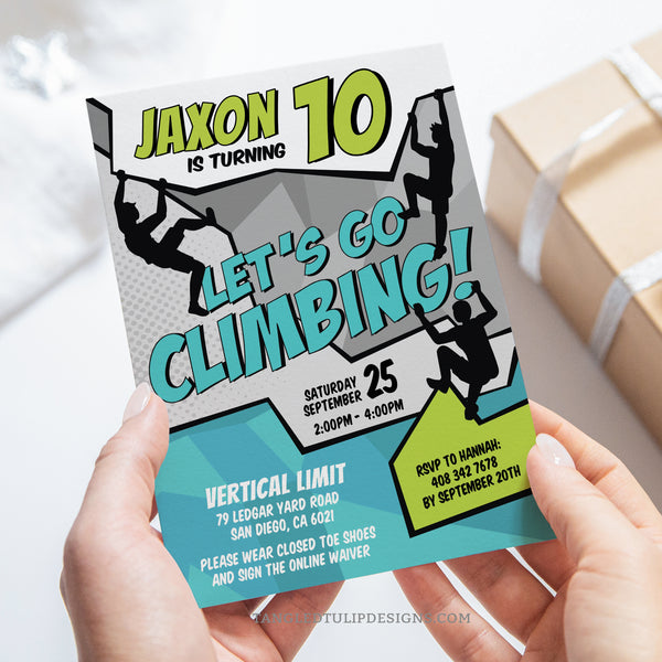 Editable Rock Climbing Invitation for a boy's birthday party. Perfect for an Indoor Climbing or Rock Climb party, featuring boys climbing all over the invite, in a cool teal and lime color scheme. Tangled Tulip Designs - Birthday Invitations