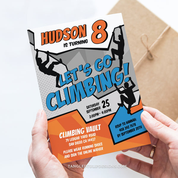 A rock climbing birthday invitation in a vibrant comic style design, with boys climbing all over the invite! Let's Go Climbing!  Tangled Tulip Designs - Birthday Invitations