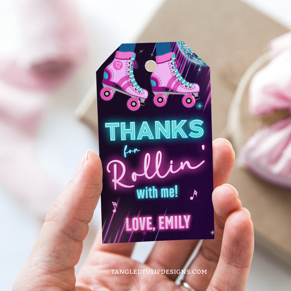 Roller Skating party tags for a roller skate party for girls. Editable and printable Thank You tags or labels in a neon glow design with roller skates and a disco glitter ball. Instant Download, edit in Corjl. Printable Tags By Tangled Tulip Designs.