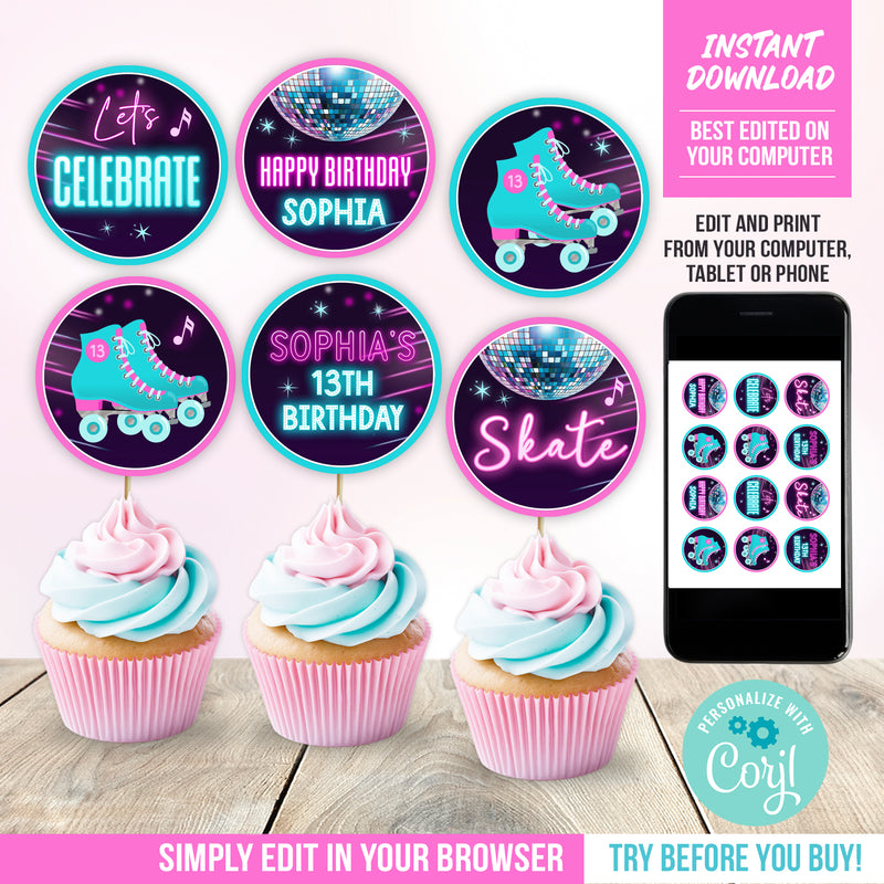 Editable Roller Skating Party Cupcake Toppers. Girls Roller Skate Birthday Cupcake Topper Template. ROL1