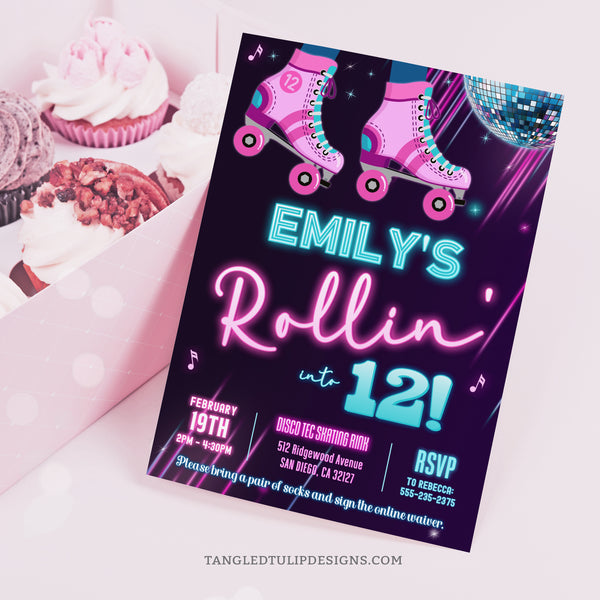 An editable Roller Skating Birthday invitation, in a vibrant neon glow design, with roller skates and a disco glitter ball. Rollin' in to another Birthday celebration. Invitation template to edit in Corjl. By Tangled Tulip Designs