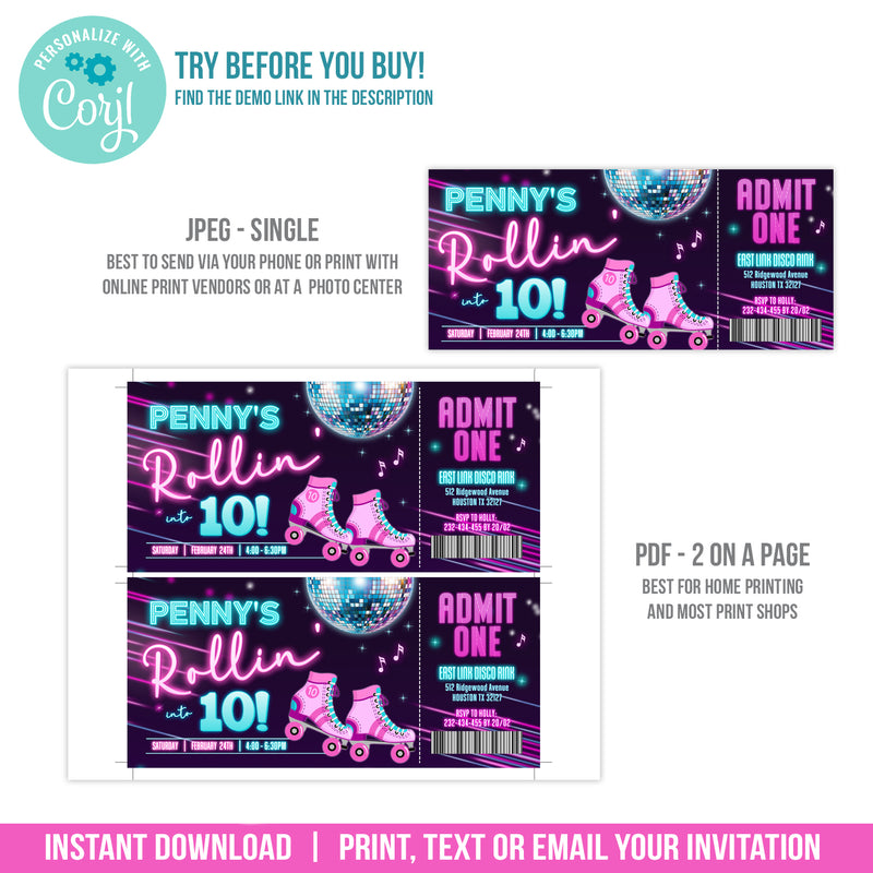 Roller Skating Birthday Invitation Ticket, Girls Roller Skate Party Ticket Invite