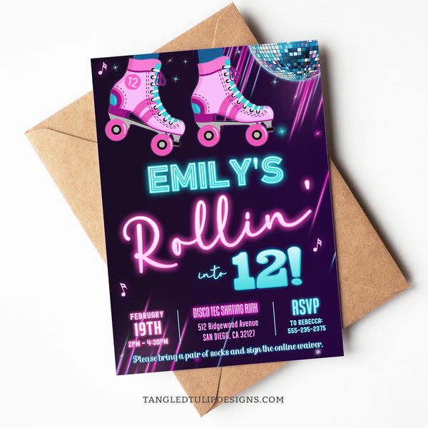 An editable Roller Skating Birthday invitation, in a vibrant neon glow design, with roller skates and a disco glitter ball. Rollin' in to another Birthday celebration. Invitation template to edit in Corjl. By Tangled Tulip Designs