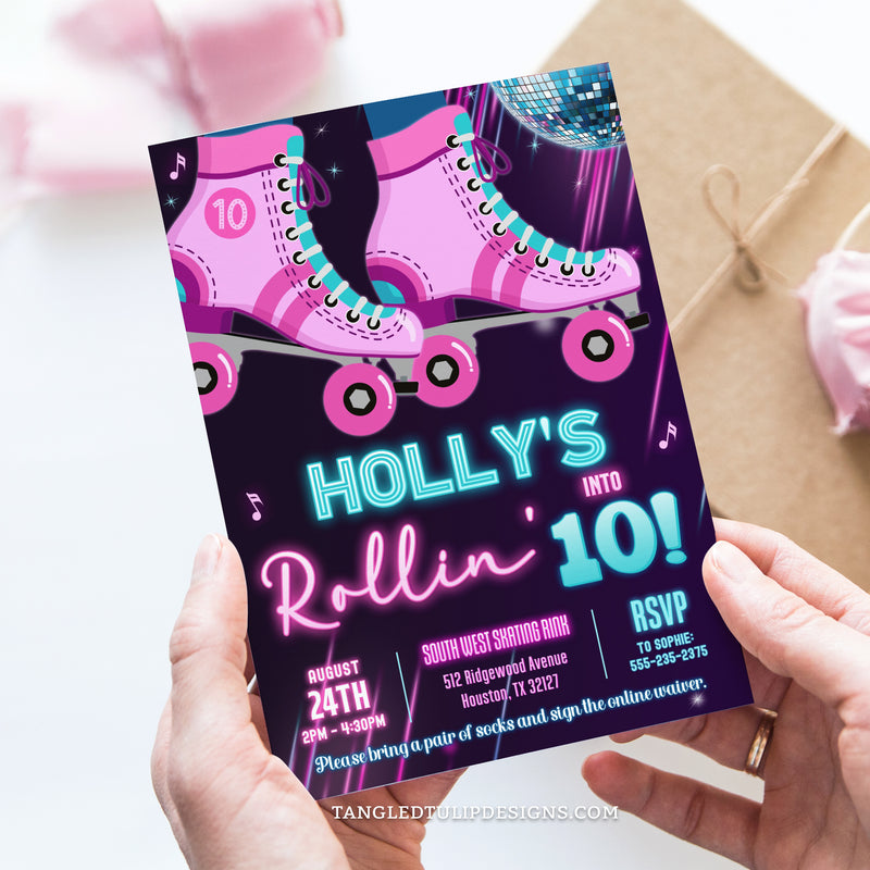 An editable Roller Skating Birthday Invitation, in a vibrant neon glow design, with roller skates and a glitter disco ball. For a girl who's rollin' in to the ultimate skating Birthday celebration!