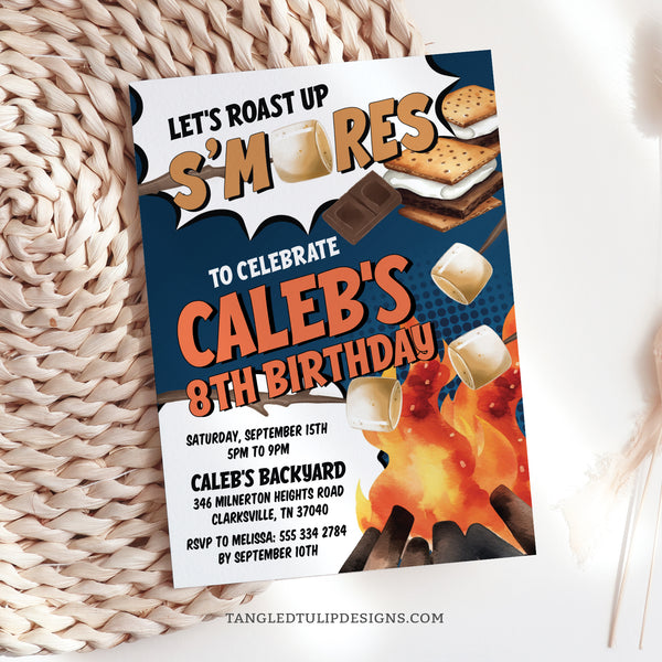 A fun S'mores birthday invitation featuring a roaring campfire with roasted marshmallows, chocolate and plenty of s'mores! Get ready to roast, toast, and celebrate! Tangled Tulip Designs - Birthday Invitations