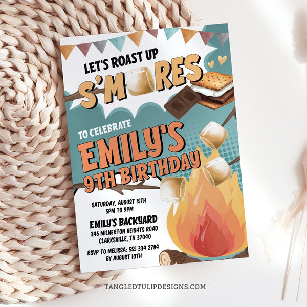 Gather 'round the campfire for a sweet celebration! This birthday invitation is for a fun S'mores Birthday Bash, featuring a roaring campfire with roasted marshmallows, chocolate, and plenty of s'mores!  Tangled Tulip Designs - Birthday Invitations