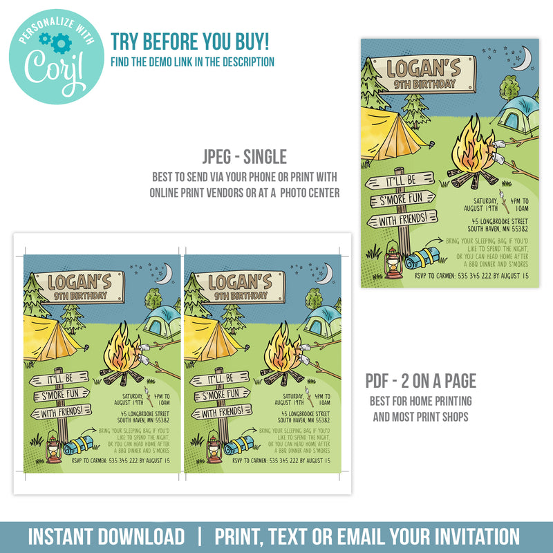 S'mores Campout Party Invitation. Boy Editable S'more Birthday Camping Digital Invite Template