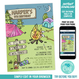 S'mores Campout Birthday Invitation Template for Girls. Editable S'more Camping Party Digital Invite