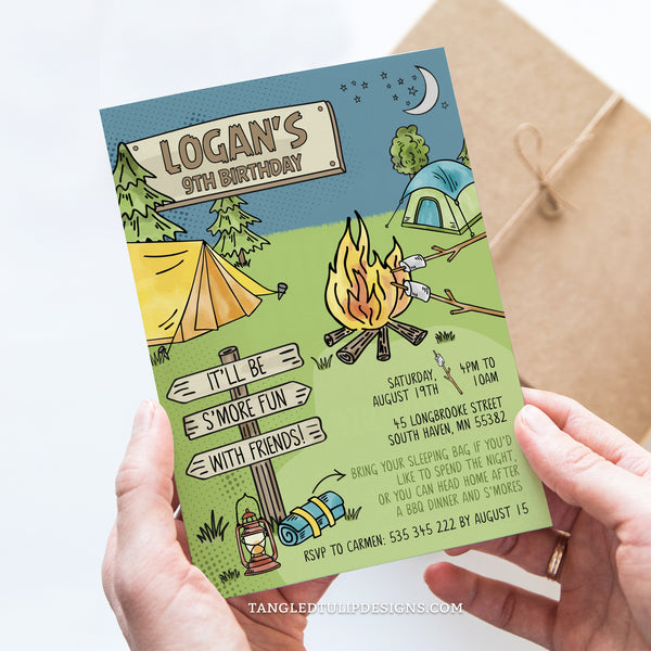 This editable S'mores Campout invitation features a big campfire roasting marshmallows for s'mores, and tents for camping.