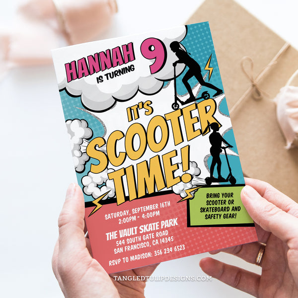 A Girl's Scooter Birthday invitation in a vibrant comic style. It's scooter time, so grab your scooters and ramp up the excitement with this editable Scooter party invite, with girls scootering all over the invite! Instant Download and Editable in Corjl. By Tangled Tulip Designs.