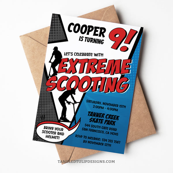 A Scooter Birthday Invitation for boys, promising Extreme Scooting fun! This comic style scooter party invite is sure to ramp up the excitement for his scooter party. Tangled Tulip Designs - Birthday Invitations