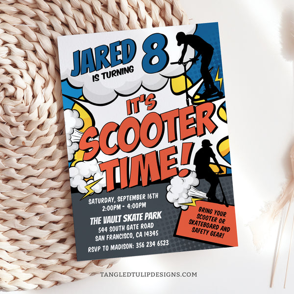 A scooter birthday invitation with boys scootering all over the invitation, in a cool comic style design. It's Scooter Time, so grab your scooters and ramp up the excitement with this editable Scooter party invite. Edit in Corjl. By Tangled Tulip Designs.