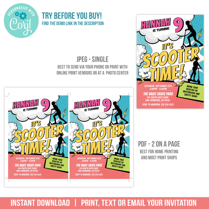 Girl Scooter Birthday Invitation, EDITABLE Scooter Party Invite for Girls, It's Scooter Time! Scootering Birthday Invite Template