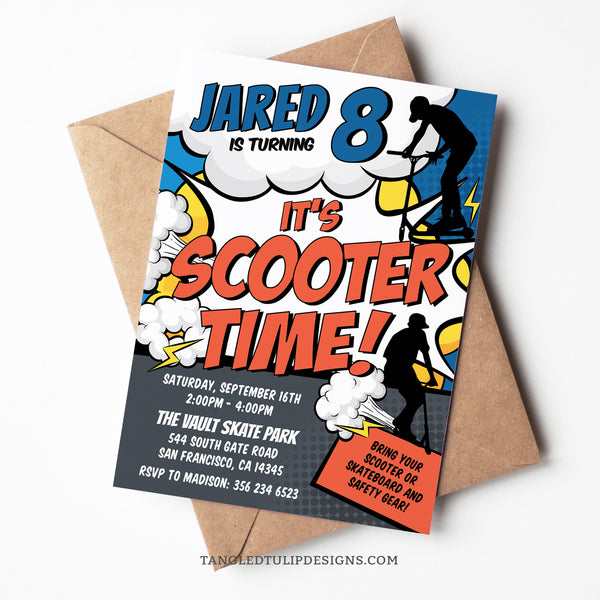 A scooter birthday invitation with boys scootering all over the invitation, in a cool comic style design. It's Scooter Time, so grab your scooters and ramp up the excitement with this editable Scooter party invite. Edit in Corjl. By Tangled Tulip Designs.