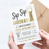 Sip Sip Hooray! An editable 40th Birthday invitation for a man in a beer theme, in gold and white. Customize for any age. Tangled Tulip Designs - Birthday Invitations