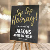 Sip Sip Hooray! Welcome guests to your event with this editable Birthday Party Decoration sign, in gold and white against a charming chalkboard background. Perfect for a special birthday bash, whether it's for a man or woman. Available in two sizes to suit your needs. Instant Download and Editable in Corjl. By Tangled Tulip Designs.