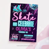 An Ice Skating Invitation for teen or tween girls, in a neon glow in the dark design, with ice skates and a disco glitter ball. Let's Skate and Celebrate her birthday party! Tangled Tulip Designs - Birthday Invitations