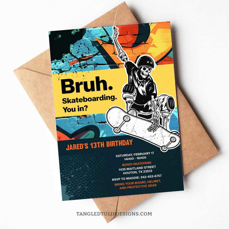 An epic Skateboarding Birthday invitation bursting with energy in vibrant yellow, orange and blues, this invite features a skeleton skateboarder tearing up the scene with a graffiti background. Digital Template, edit in Corjl. By Tangled Tulip Designs.