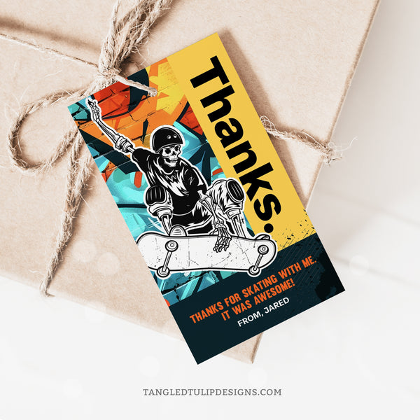 Cool skateboarding party tags with a skeleton skater shredding, with a graffiti background, for a skateboard birthday party favors. By Tangled Tulip Designs.