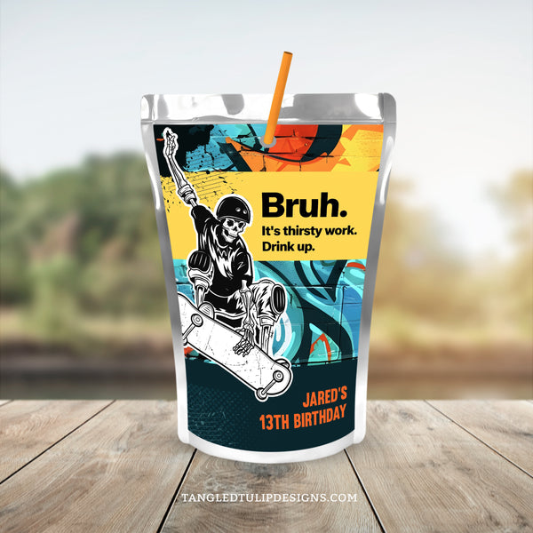 A cool Skateboarding party Capri Sun label template for a skater party, with a skeleton skateboarder and graffiti background. These editable labels add a personal touch to their party drinks. Bruh! It's thirsty work. Drink up. By Tangled Tulip Designs.
