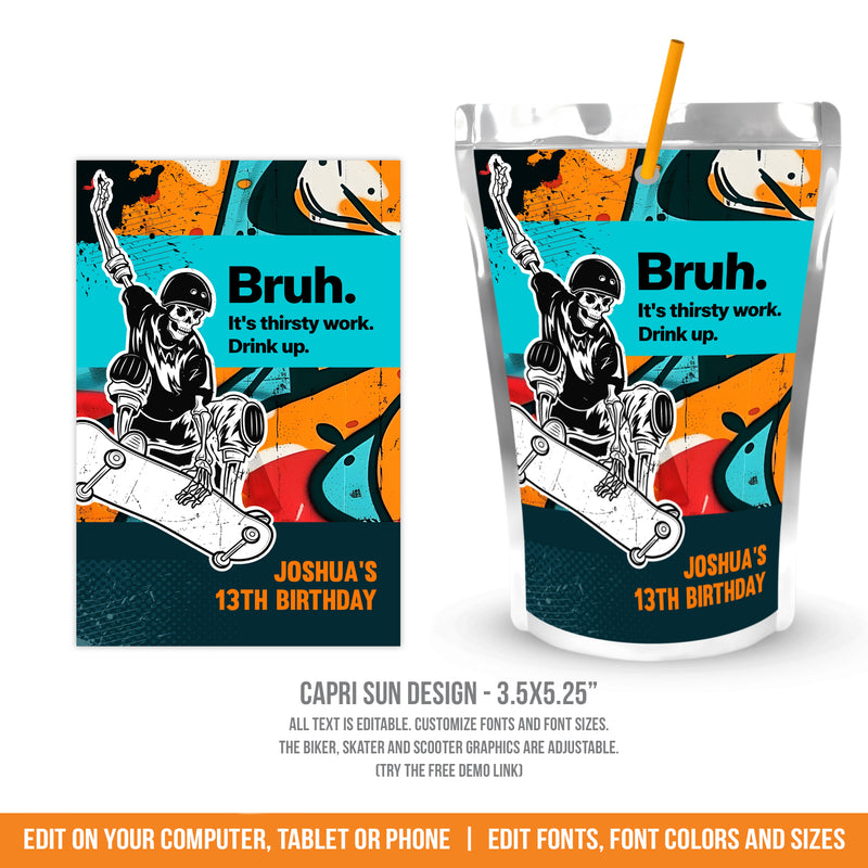 Editable Skateboarding Birthday Capri Sun Label. Skeleton. Graffiti