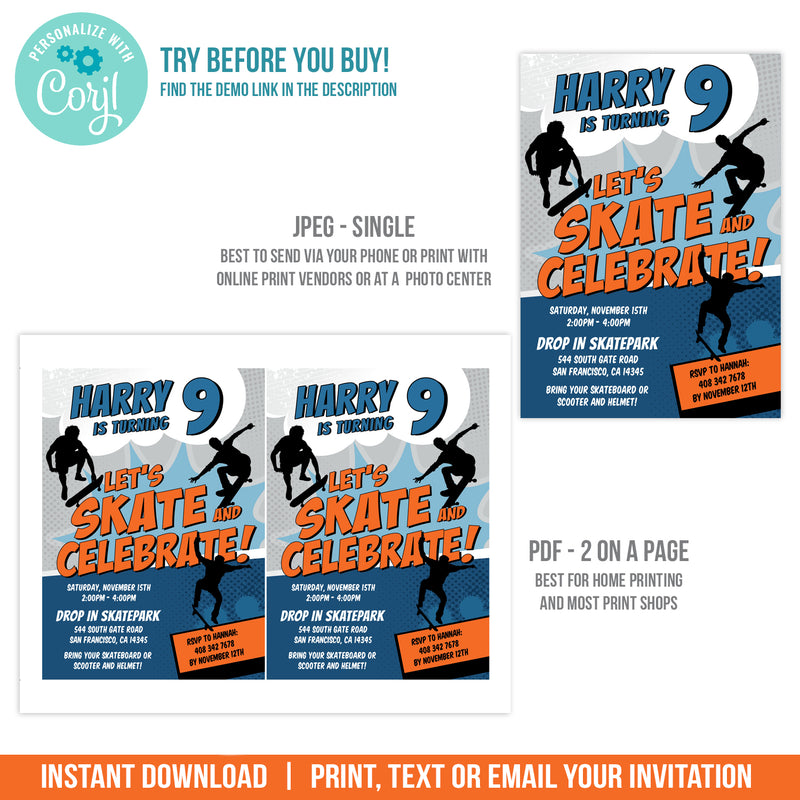 Skateboarding Party Invite for Boys Skateboard Birthday Invitation Orange Blue