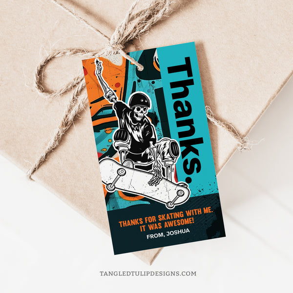 Epic skateboarding birthday tags for a boy's skater party, with a skeleton skater shredding it up and a graffiti background, these editable tags are a great addition to his skateboard party favors. Digital Template, edit in Corjl. By Tangled Tulip Designs.