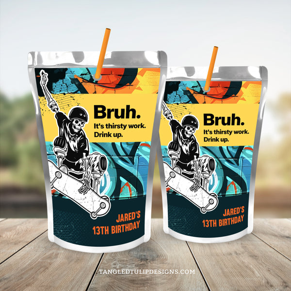 A cool Skateboarding party Capri Sun label template for a skater party, with a skeleton skateboarder and graffiti background. These editable labels add a personal touch to their party drinks. Bruh! It's thirsty work. Drink up. By Tangled Tulip Designs.