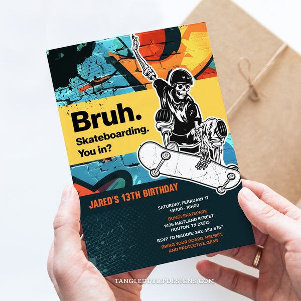An epic Skateboarding Birthday invitation bursting with energy in vibrant yellow, orange and blues, this invite features a skeleton skateboarder tearing up the scene with a graffiti background. Digital Template, edit in Corjl. By Tangled Tulip Designs.