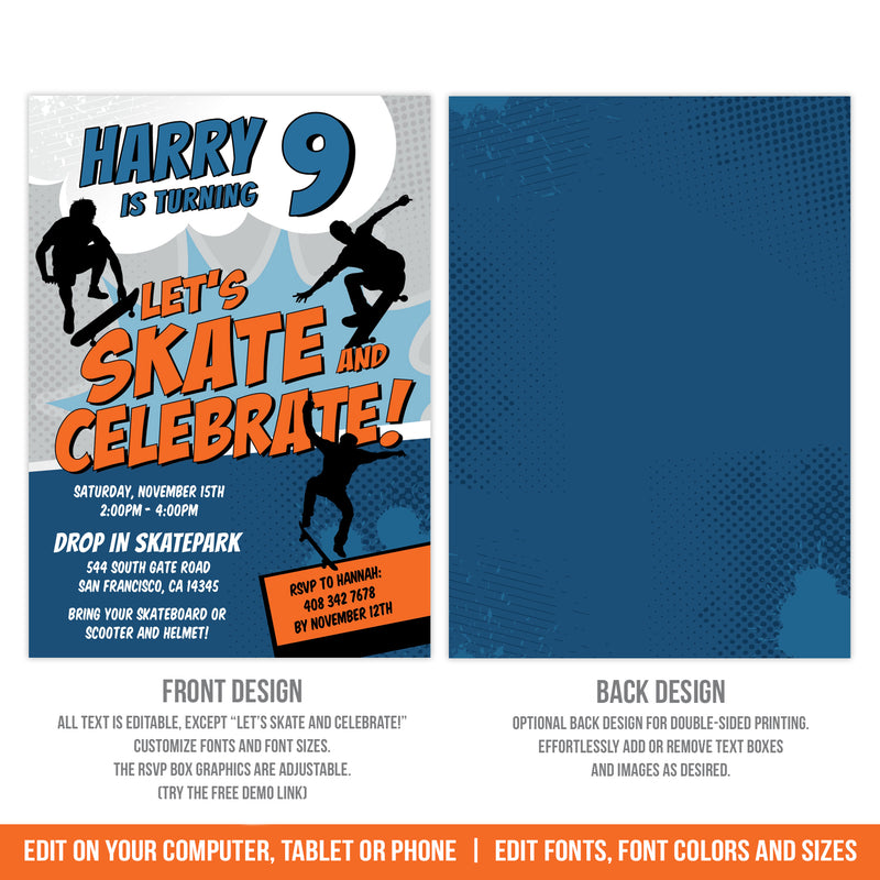 Skateboarding Party Invite for Boys Skateboard Birthday Invitation Orange Blue