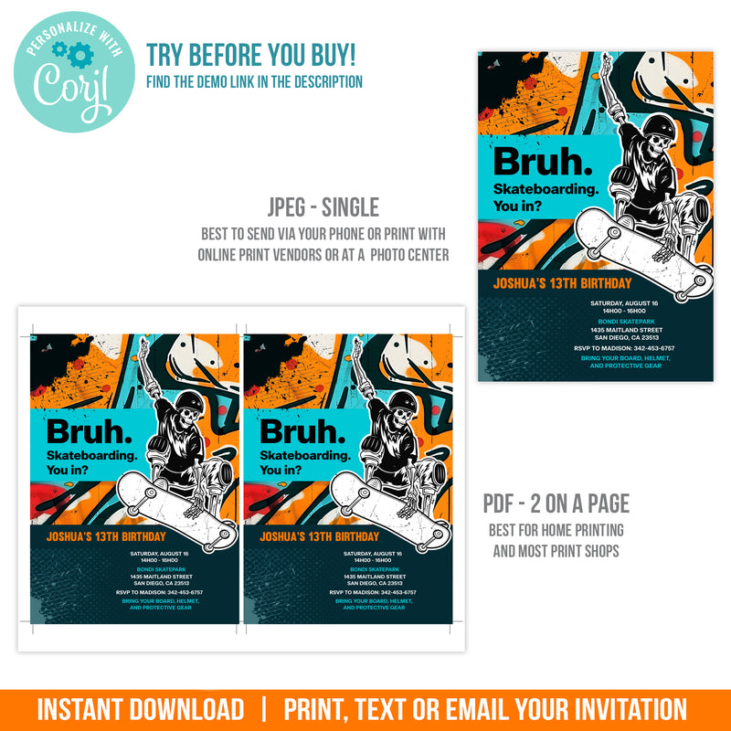 Editable Skateboard Party Invite with a Skeleton. Boy Skater Party Digital Invitation Template, Orange