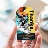 Cool skateboarding party tags with a skeleton skater shredding, with a graffiti background, for a skateboard birthday party favors. By Tangled Tulip Designs.