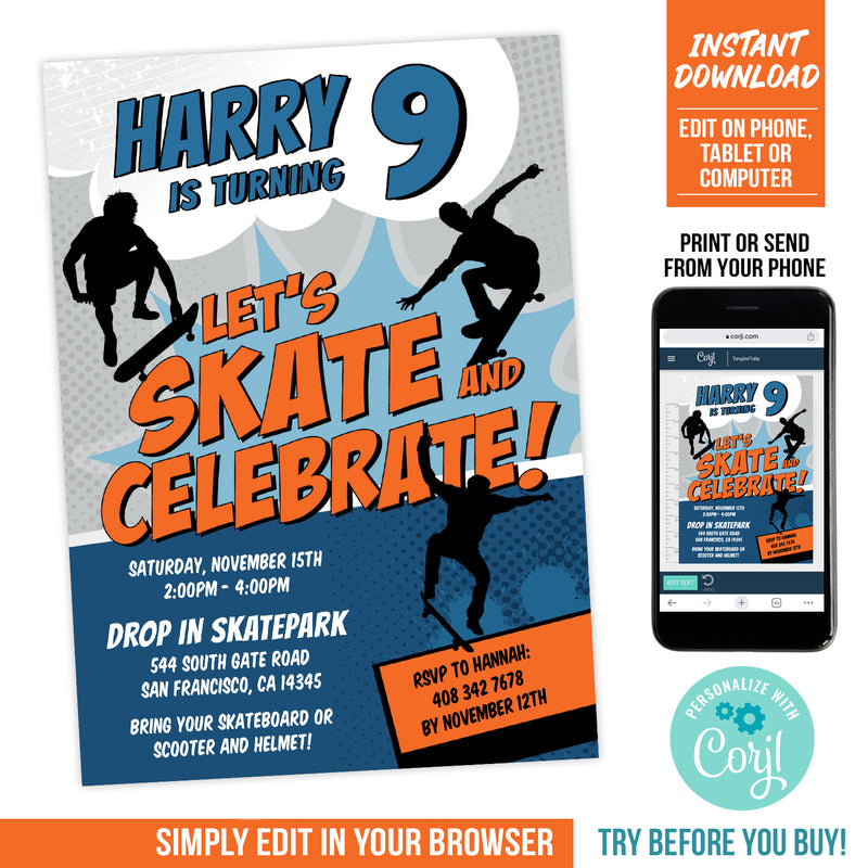 Skateboarding Party Invite for Boys Skateboard Birthday Invitation Orange Blue