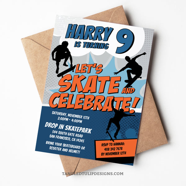 Get ready for an epic Skateboarding Birthday with our vibrant comic-style invitation! Bursting with energy in vibrant orange and blues, this invite features skateboarders tearing up the scene. Instant Download and Editable in Corjl. By Tangled Tulip Designs.