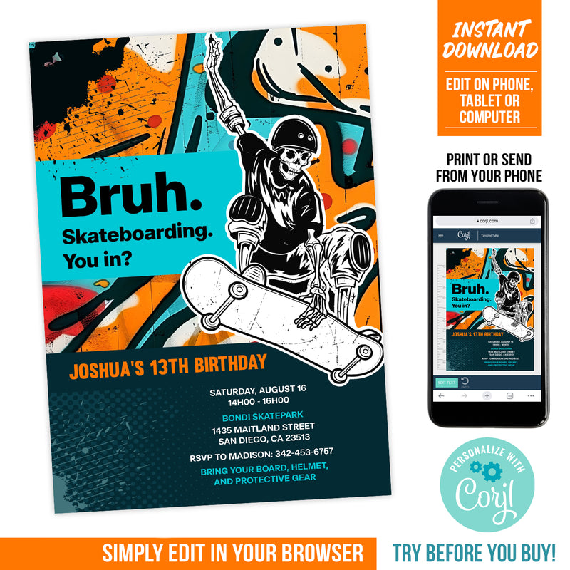 Editable Skateboard Party Invite with a Skeleton. Boy Skater Party Digital Invitation Template, Orange