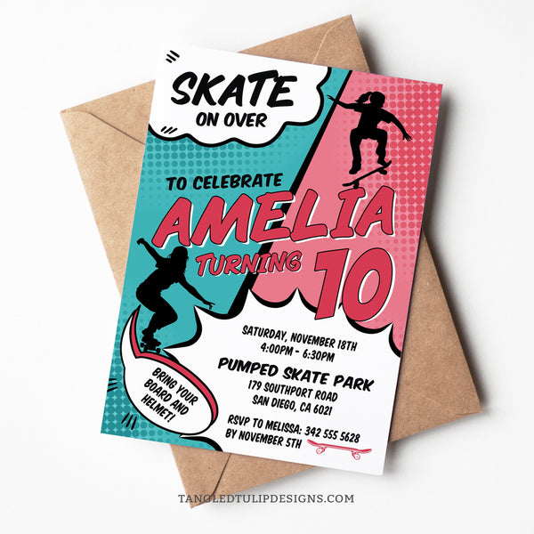 Get ready to skate into the coolest skater party in town with this editable Skateboarding Birthday Invitation. Set the scene for an epic skater party! So grab your boards and gear up for an unforgettable skater girl birthday. Tangled Tulip Designs - Birthday Invitations
