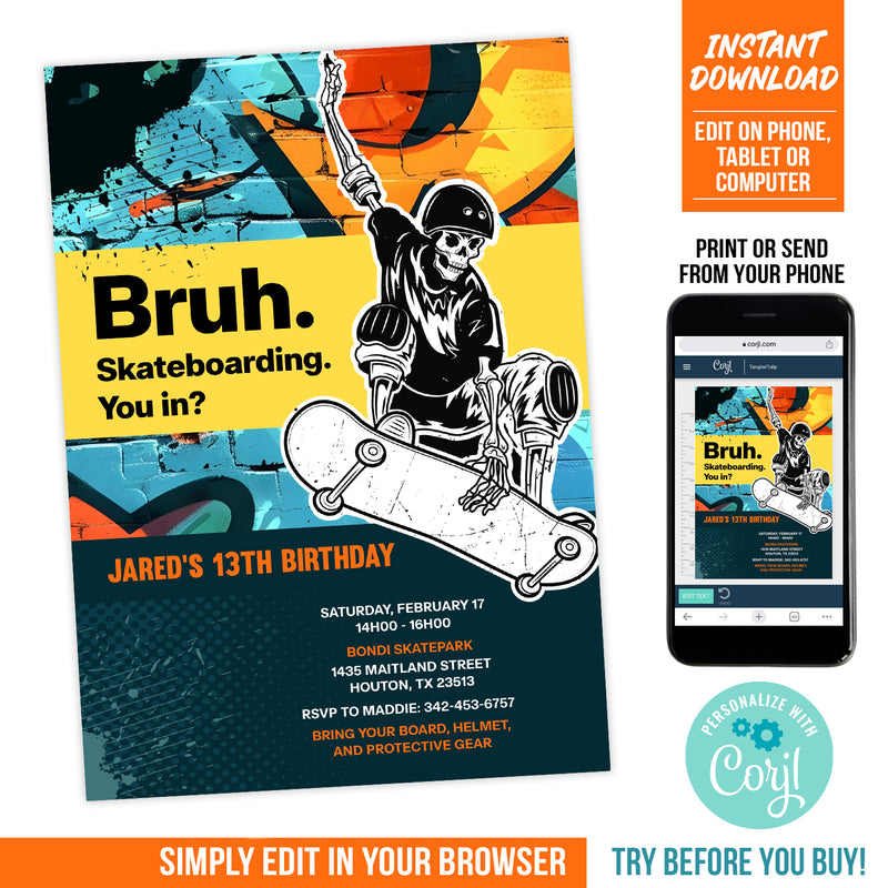 Skateboarding Birthday Invite for Boys. Skeleton Skater Party Invitation