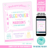 Sleepover Party Invite for Girls. Sleepover Birthday Invitation Template