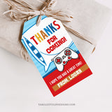 Thank your guests with these vibrant Sleepover and Gaming Party tags, featuring a pillow and gaming controller. Perfect for a boy's gaming sleepover party favors. Template to Edit in Corjl. By Tangled Tulip Designs.