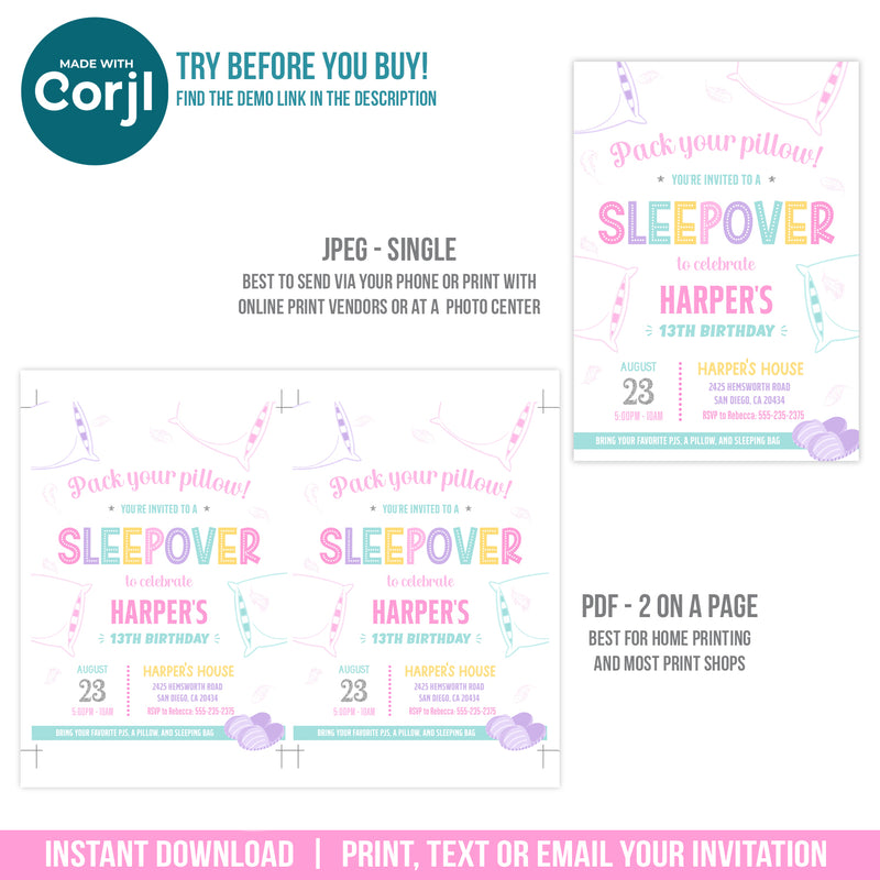 Sleepover Birthday Invite for Teen or Tween Girls. EDITABLE Slumber Party Invitation. Pack Your Pillow SLE1