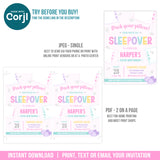 Sleepover Party Invite for Girls. EDITABLE Pillow Fight Birthday Invitation. Pack Your Pillow Slumber Party SLE1