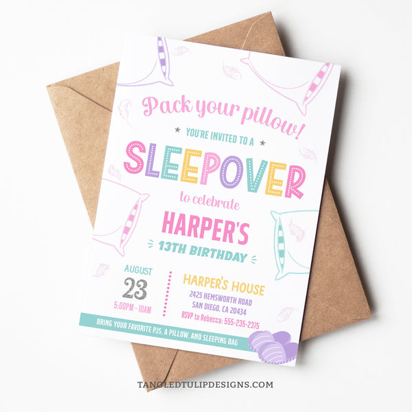 This Sleepover party invitation is designed for teen or tween girls. Featuring a pretty pastel color scheme, with big fluffy pillows and delicate little feathers floating around, this editable invitation sets the scene for a fun-filled sleepover. Pack your pillows, girls! Instant Download and Editable in Corjl. By Tangled Tulip Designs.